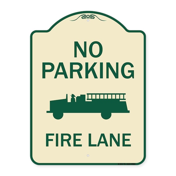 Signmission Designer Series-No Parking Fire Lane, Tan & Green Heavy-Gauge Aluminum, 24" x 18", TG-1824-9961 A-DES-TG-1824-9961 - main